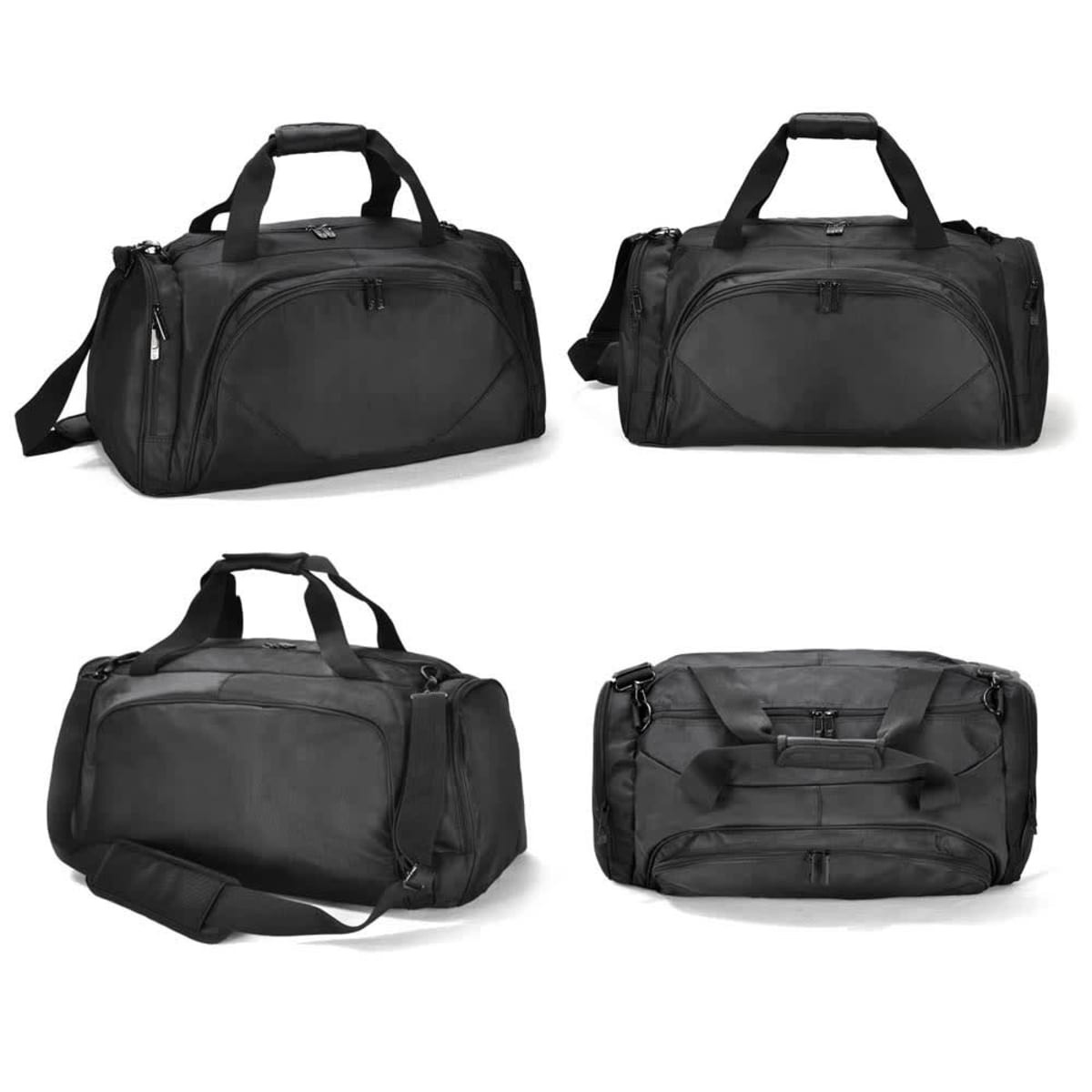 A black duffle bag with multiple compartments and handles, featuring a shoulder strap and a logo.