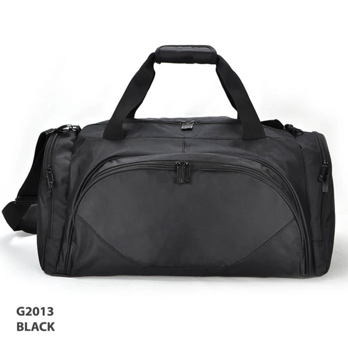 A black duffle bag with multiple compartments, a removable shoulder strap, and a sturdy handle.