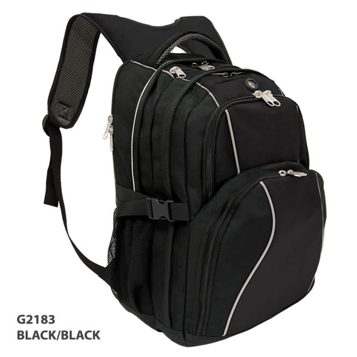 A black backpack with multiple compartments, zippers, and a logo, designed for practical use.