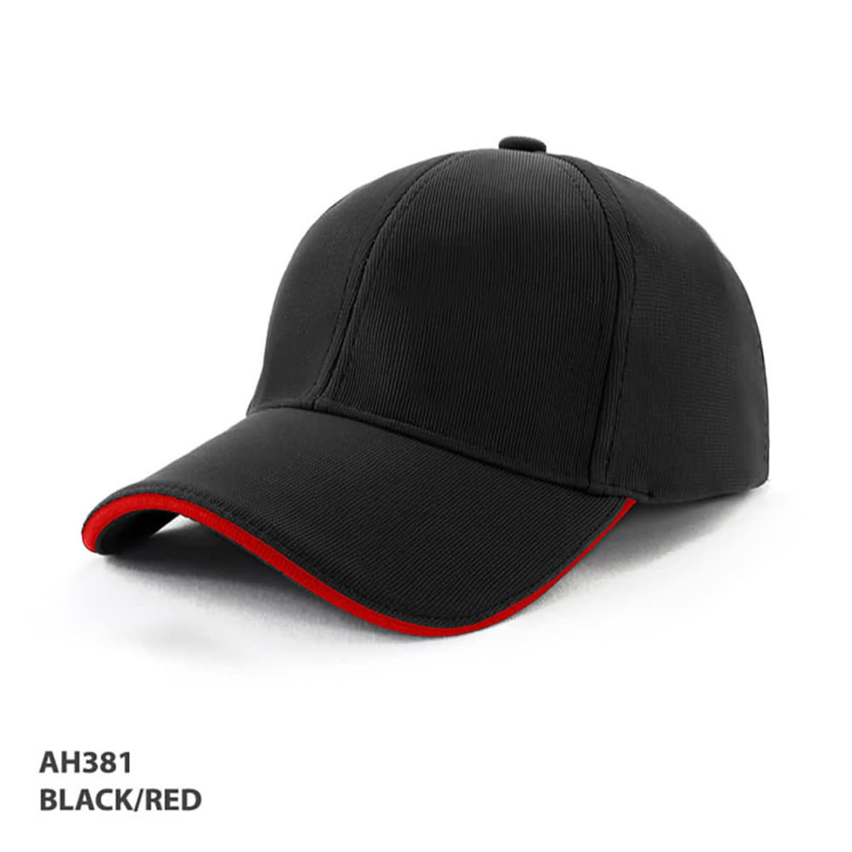 A black cap with a red trim and a structured design, featuring an emblem on the front.