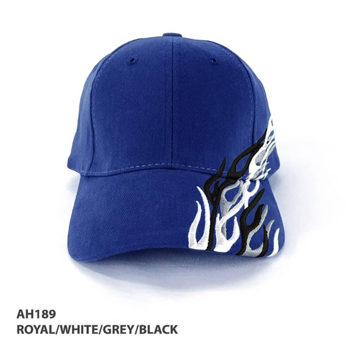 A blue cap featuring decorative flame designs in white, grey, and black, with branding on the side.
