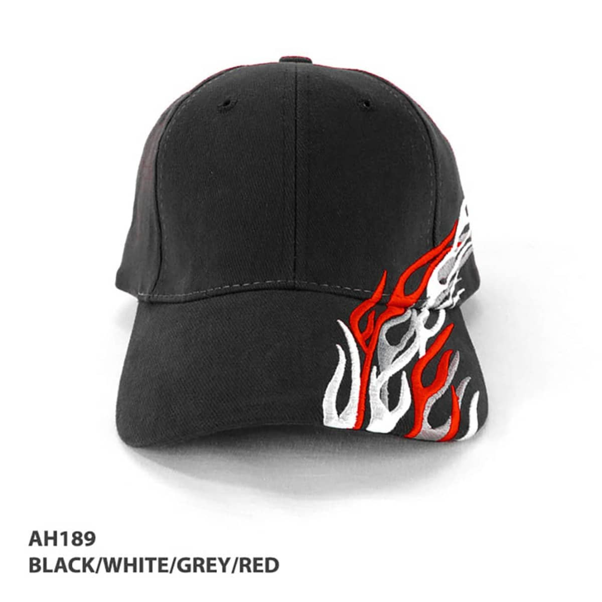 A black cap featuring flame designs in white and red, with a logo on the front.