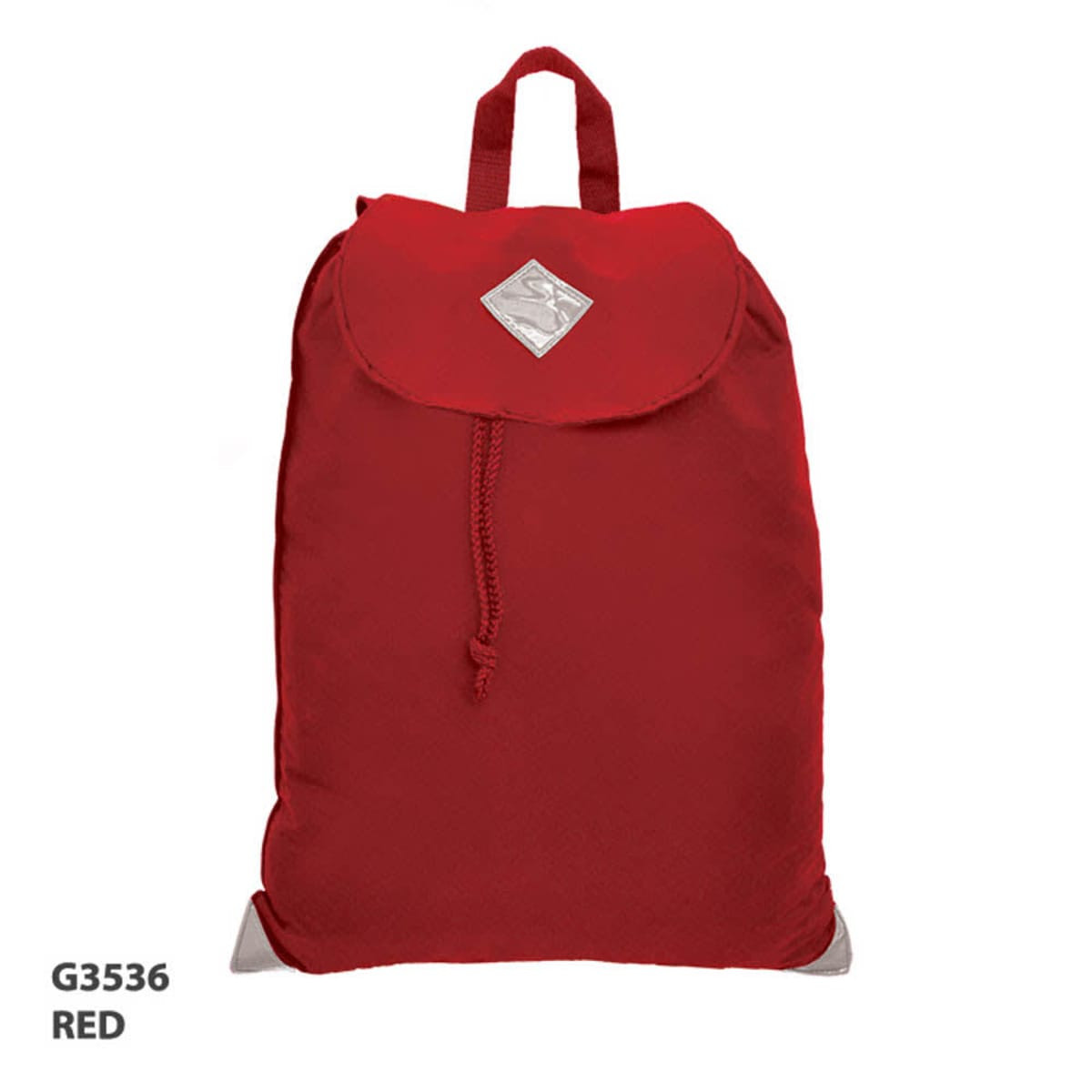 A red satchel bag with a drawstring closure and a top handle, featuring a logo on the front.
