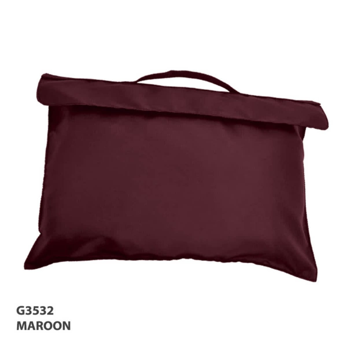 A maroon library bag with a flap and a handle, featuring a simple and functional design.