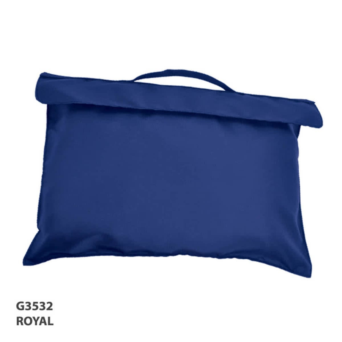 A royal blue library bag with a handle and a fold-over design, featuring a logo.