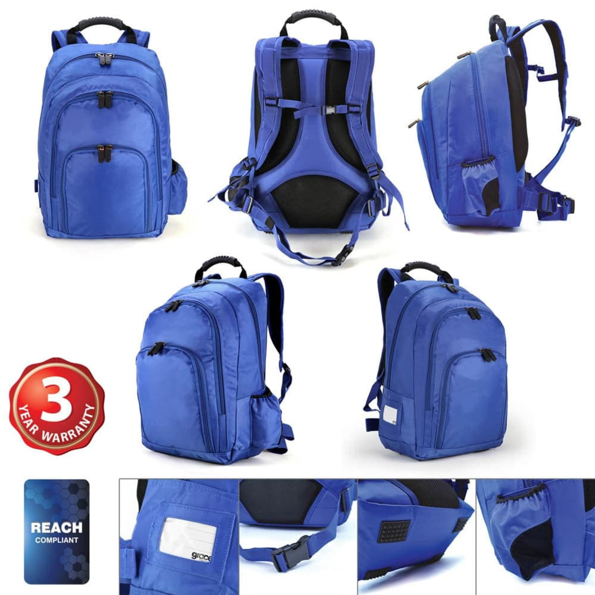 A blue Castell backpack with multiple compartments and padded straps, featuring a logo. Includes a three-year warranty badge.