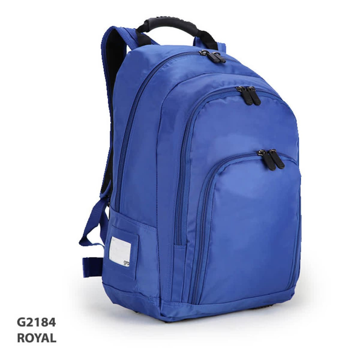 A royal blue backpack featuring multiple compartments and a logo, with adjustable straps and a top handle.