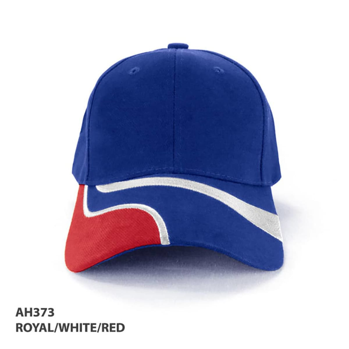 A cap in royal blue, white, and red, featuring a curved design and a branded logo.