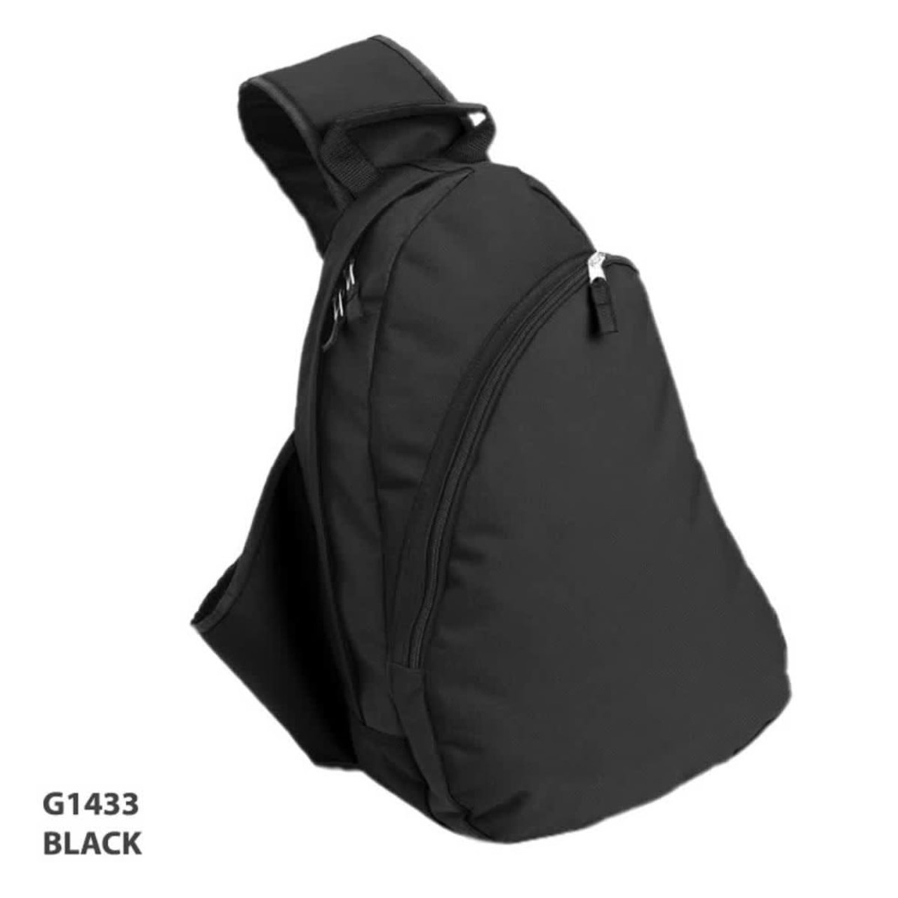 A black slingpack with a zippered compartment and a side pocket, featuring a logo.