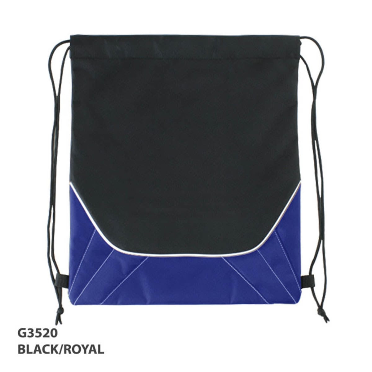 A black and royal drawstring bag with a sleek design and a logo on the front.