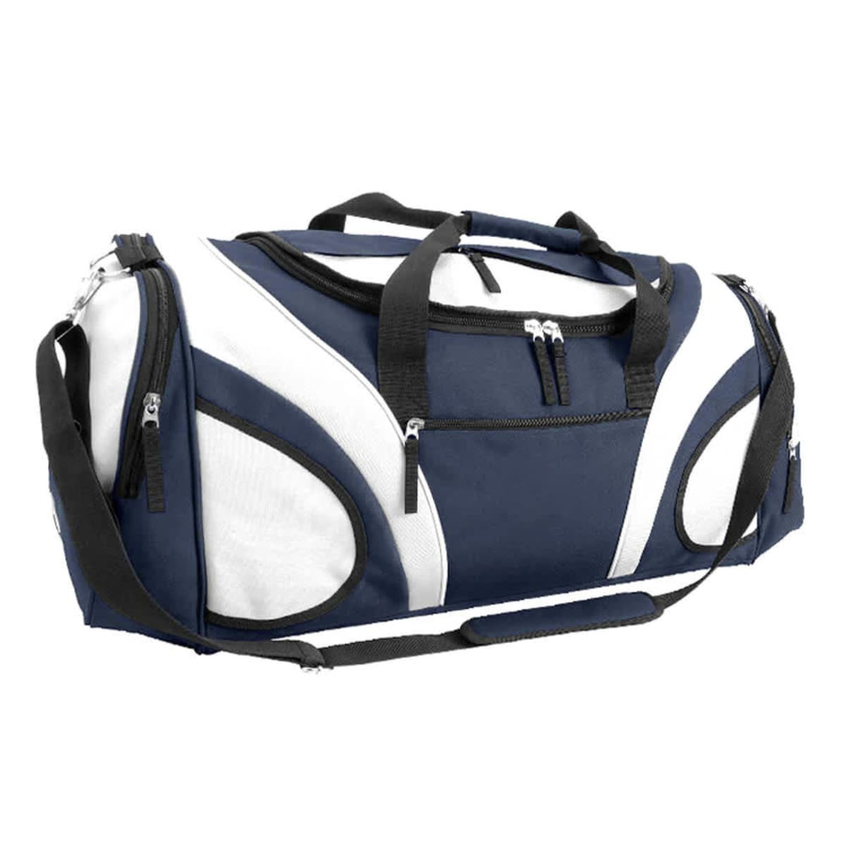 A duffle bag in navy and white with multiple zippered compartments and a shoulder strap. It features a logo.