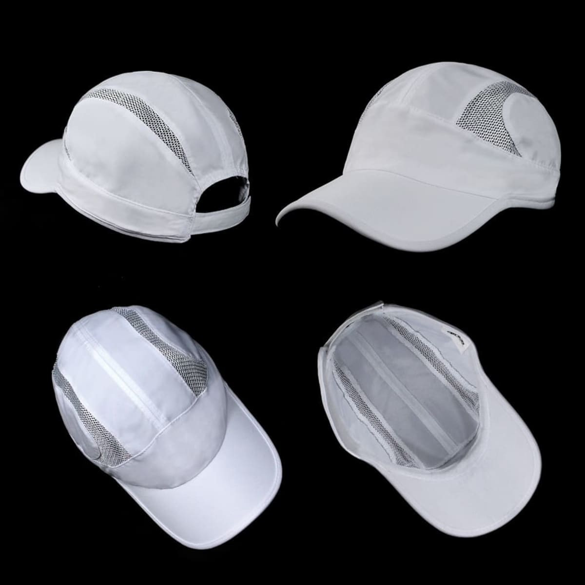 A white runner cap featuring mesh panels, with a branded logo and multiple angles displayed on a black background.