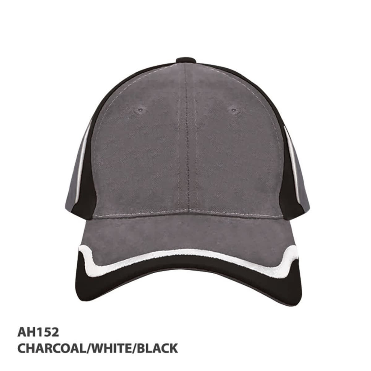A cap in charcoal, white, and black with a structured design and a logo.