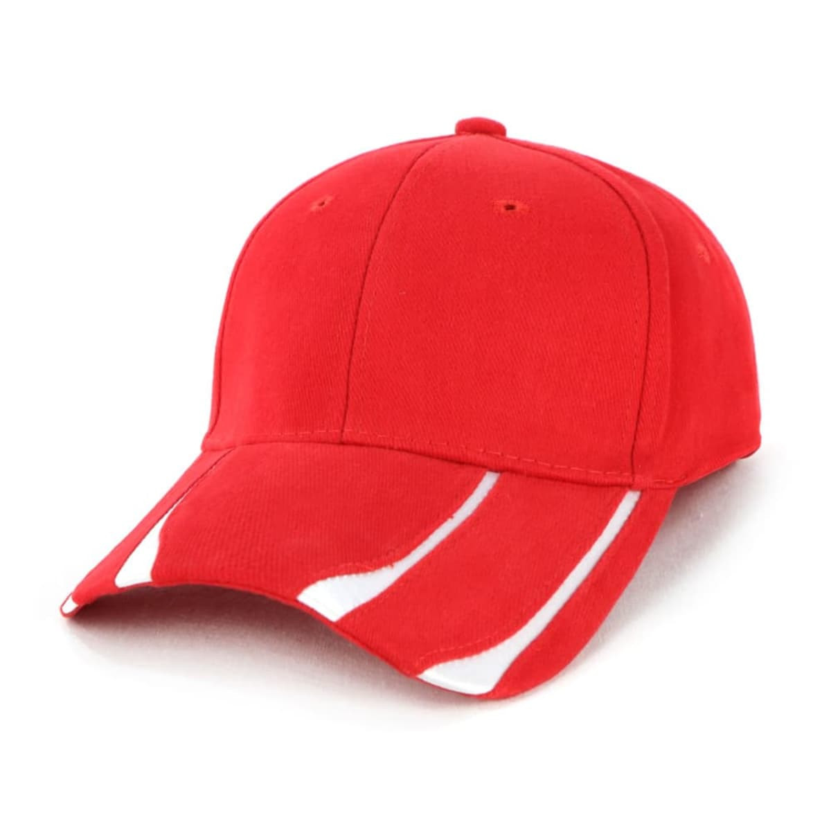 A red cap with white detailing and a logo, featuring a curved brim and structured design.