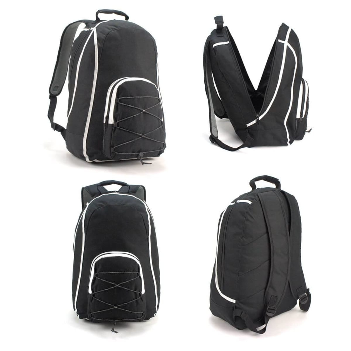 A black backpack with white accents features multiple compartments and adjustable straps, and has a logo.