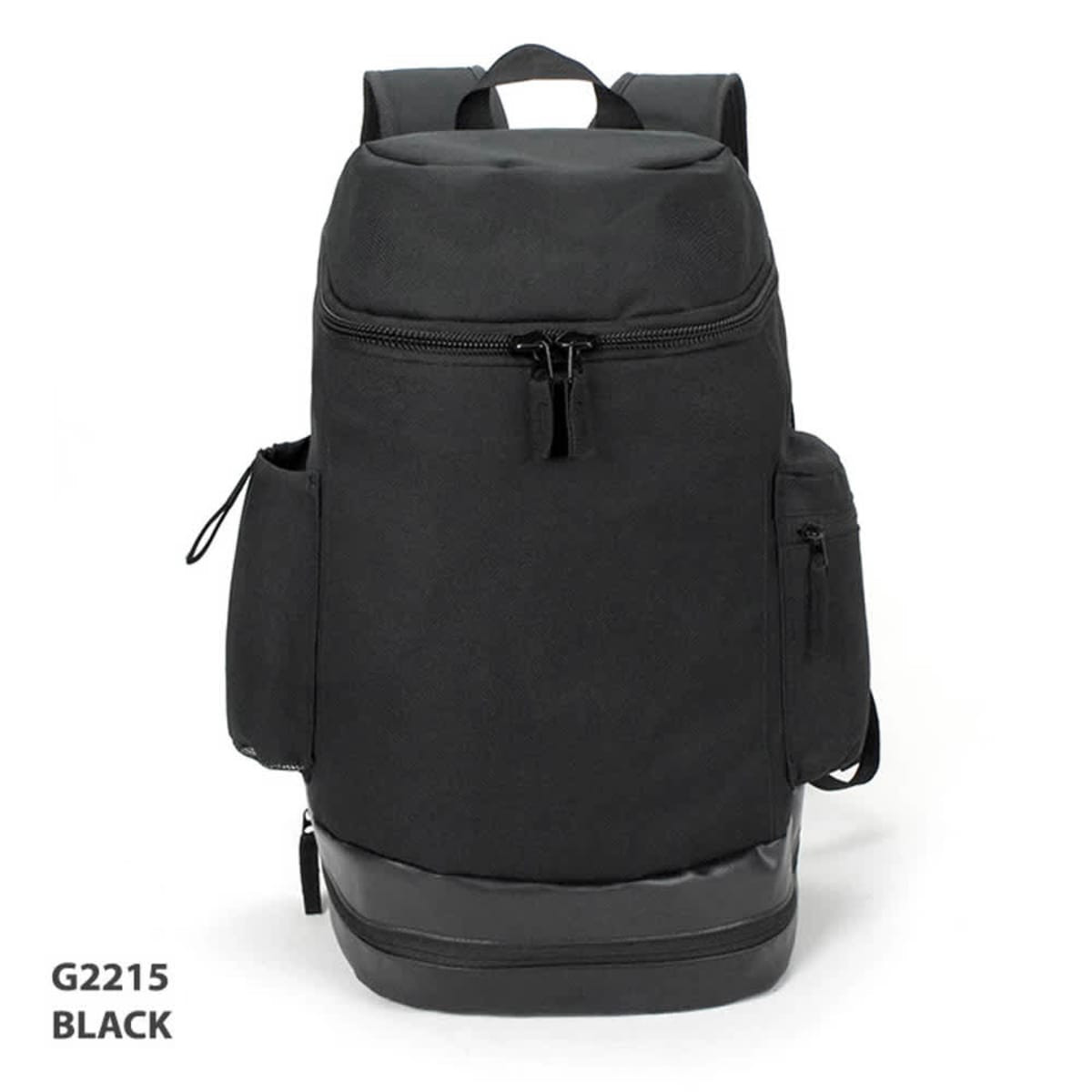 A black backpack with multiple compartments, featuring a side pocket and a branding logo.