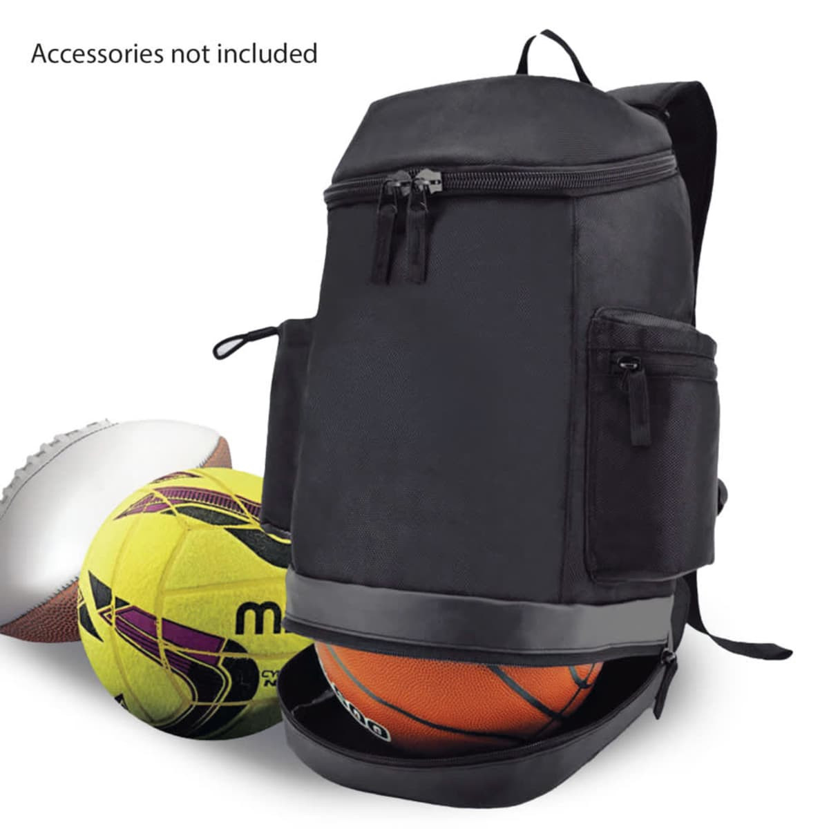 A black backpack with multiple compartments, featuring a zippered pocket and a lower section for sporting balls.