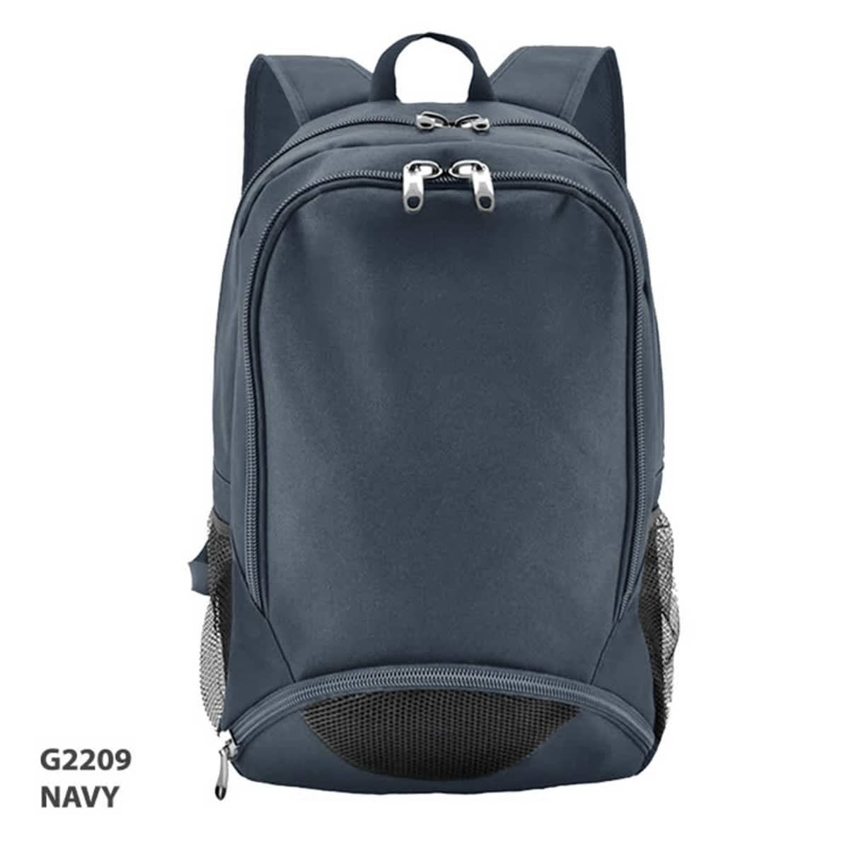 A navy backpack with a sleek design, featuring two zipped compartments and side mesh pockets. It has a logo.