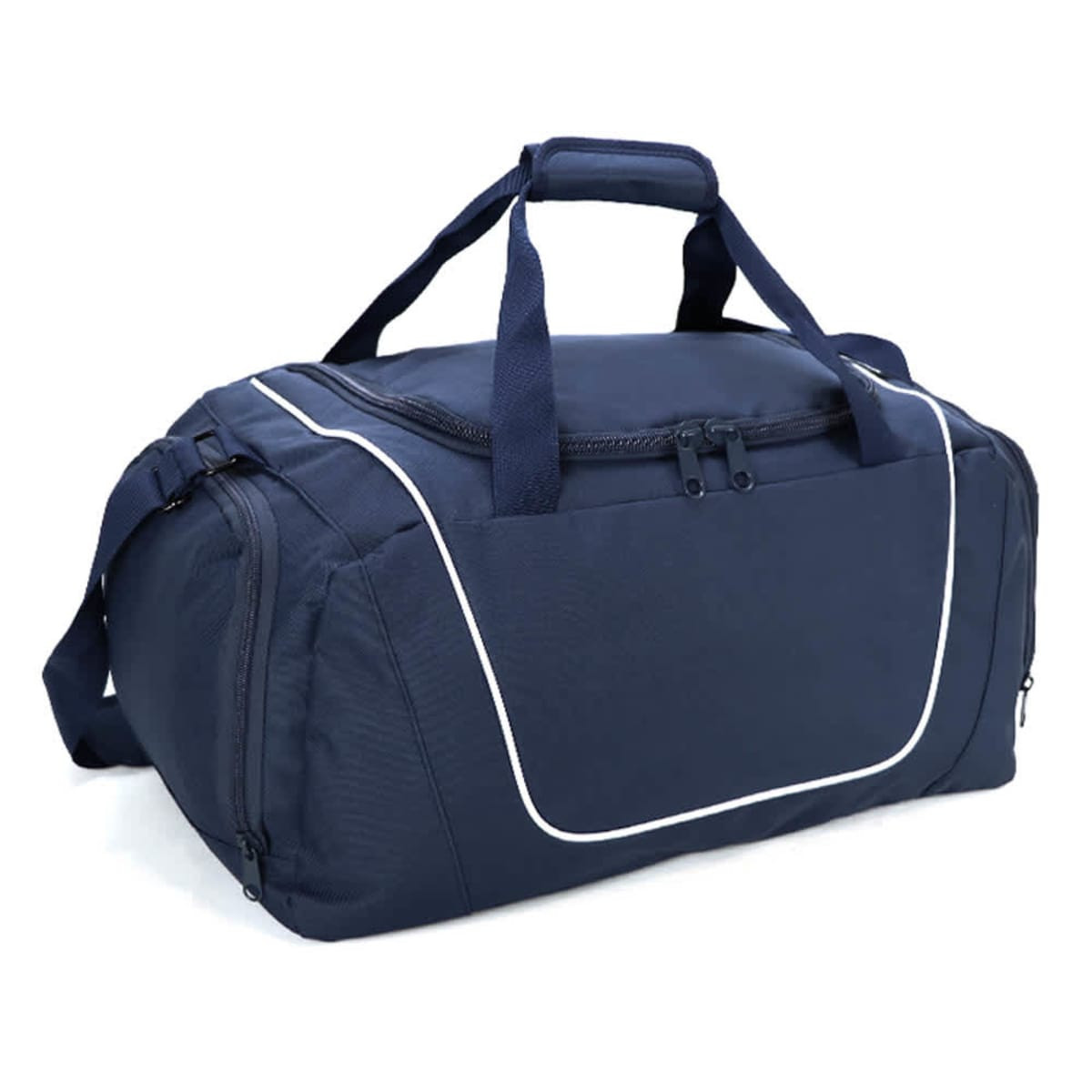 A navy blue duffle bag featuring a zippered main compartment and a removable shoulder strap. It has a logo on the side.