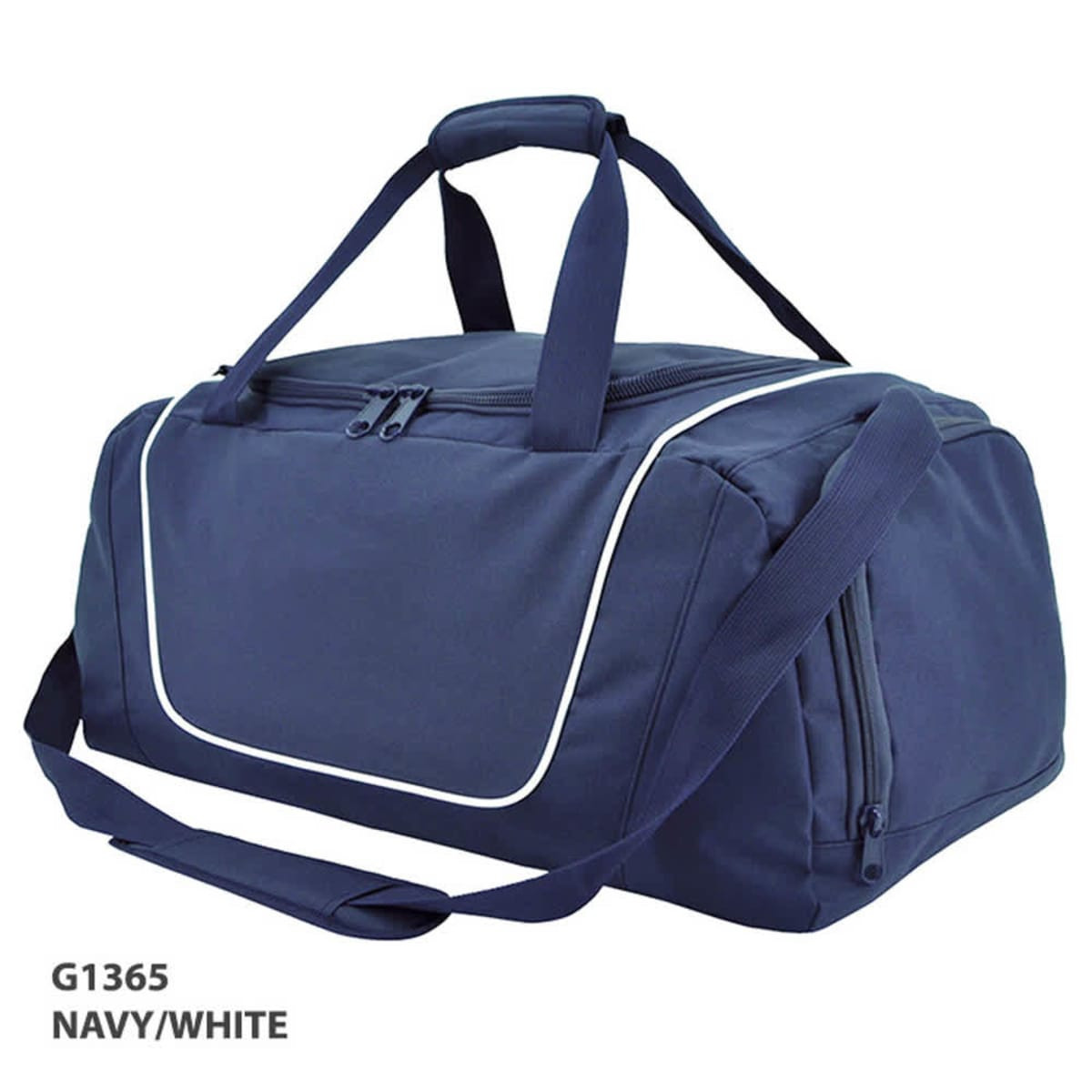 A navy and white duffle bag with dual handles, a shoulder strap, and a zippered compartment. It features a logo.