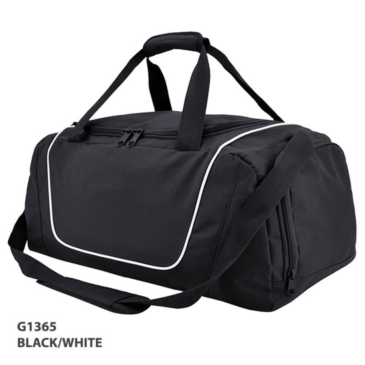 A black and white Hurley sports duffle bag with shoulder strap and top handles, featuring a logo.