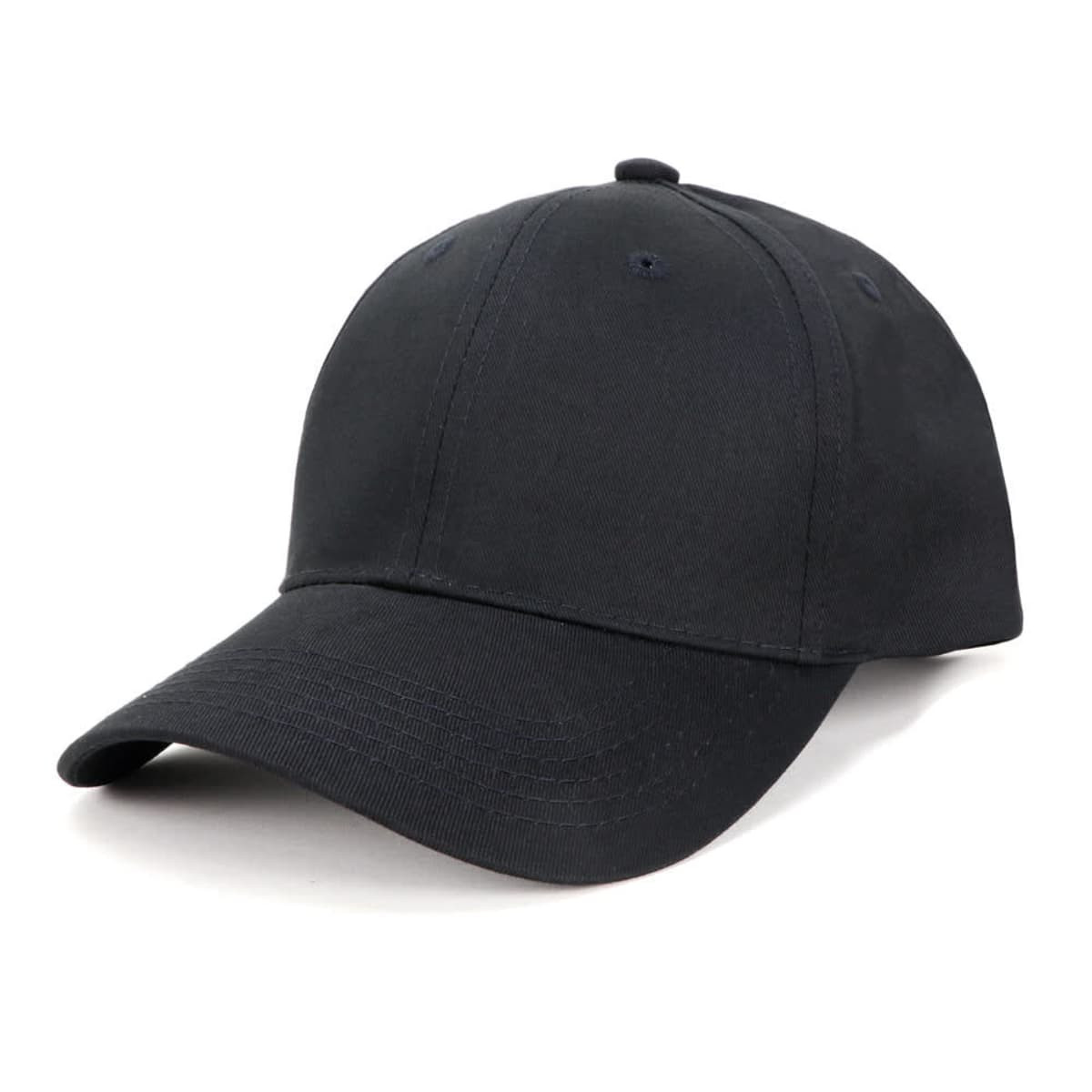 A black cotton cap with a curved brim, featuring a logo on the front.