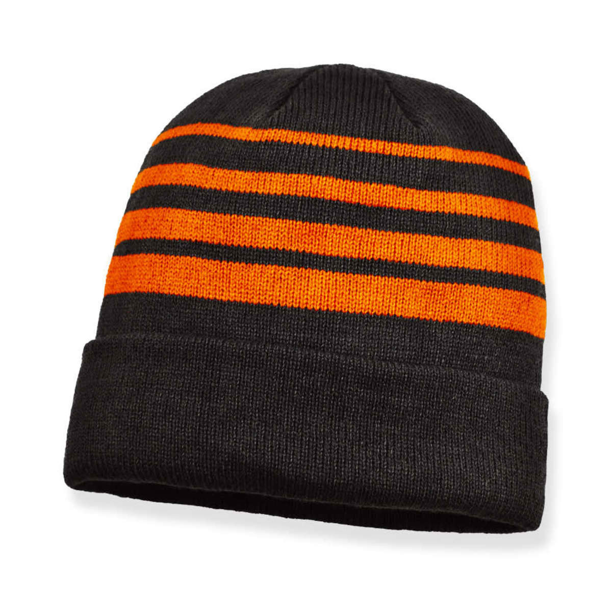 Acrylic beanie featuring black and orange stripes, with a folded cuff and a logo on the exterior.