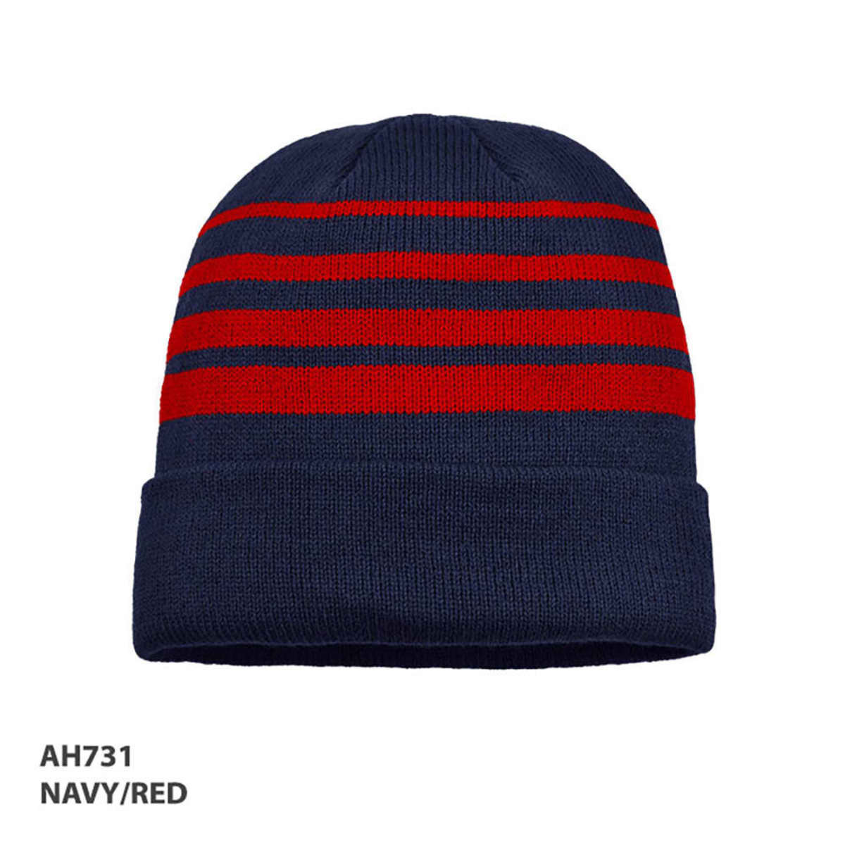 Acrylic beanie in navy and red, featuring striped design and a branding logo. Suitable for headwear collection.
