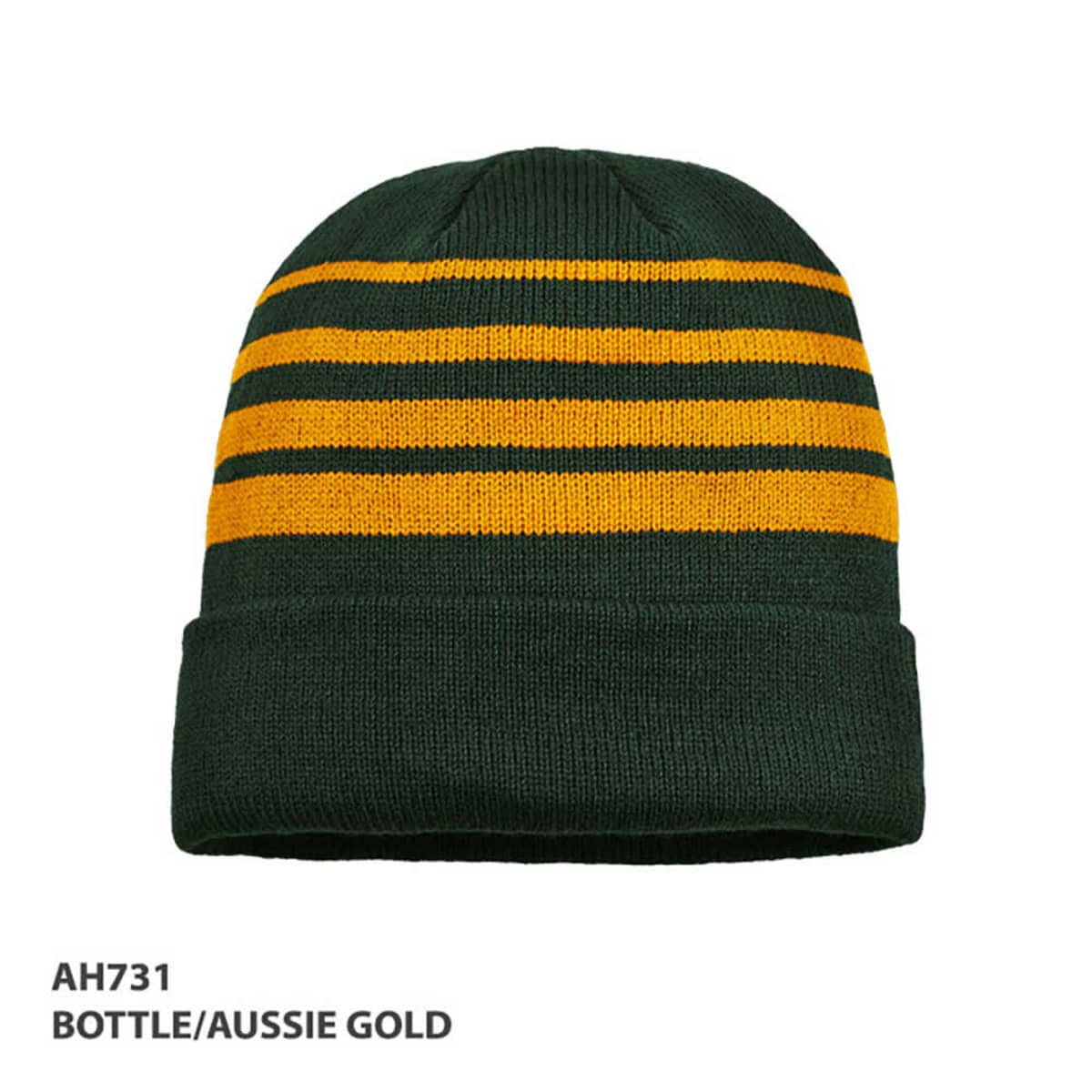 Acrylic beanie in bottle green and Aussie gold with horizontal stripes and a logo.
