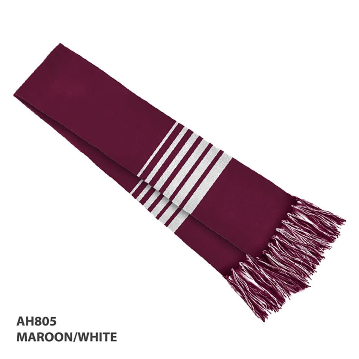 A maroon scarf with white stripes and fringed ends, featuring a logo.