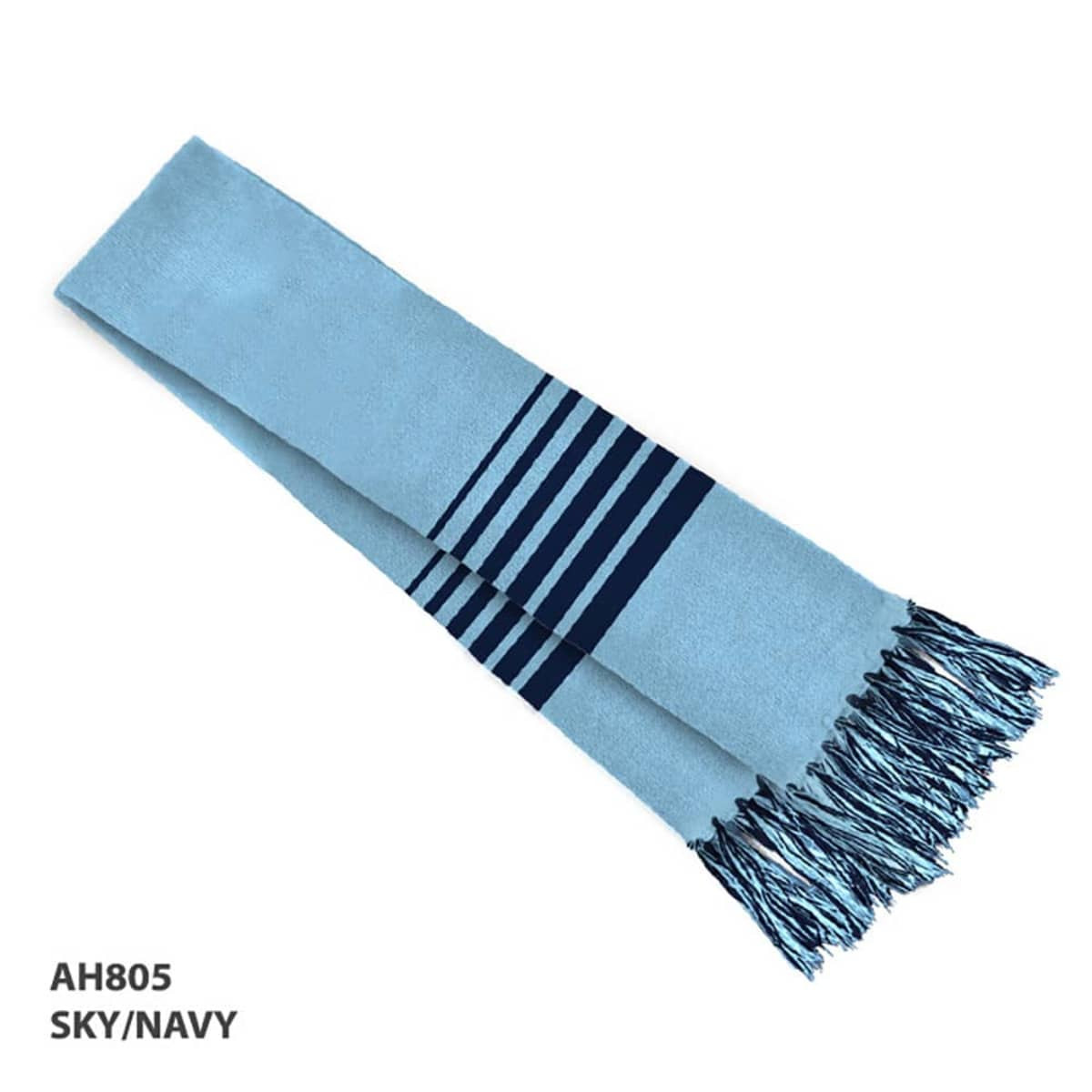 An acrylic scarf in sky blue with navy stripes and fringed ends, featuring a logo.