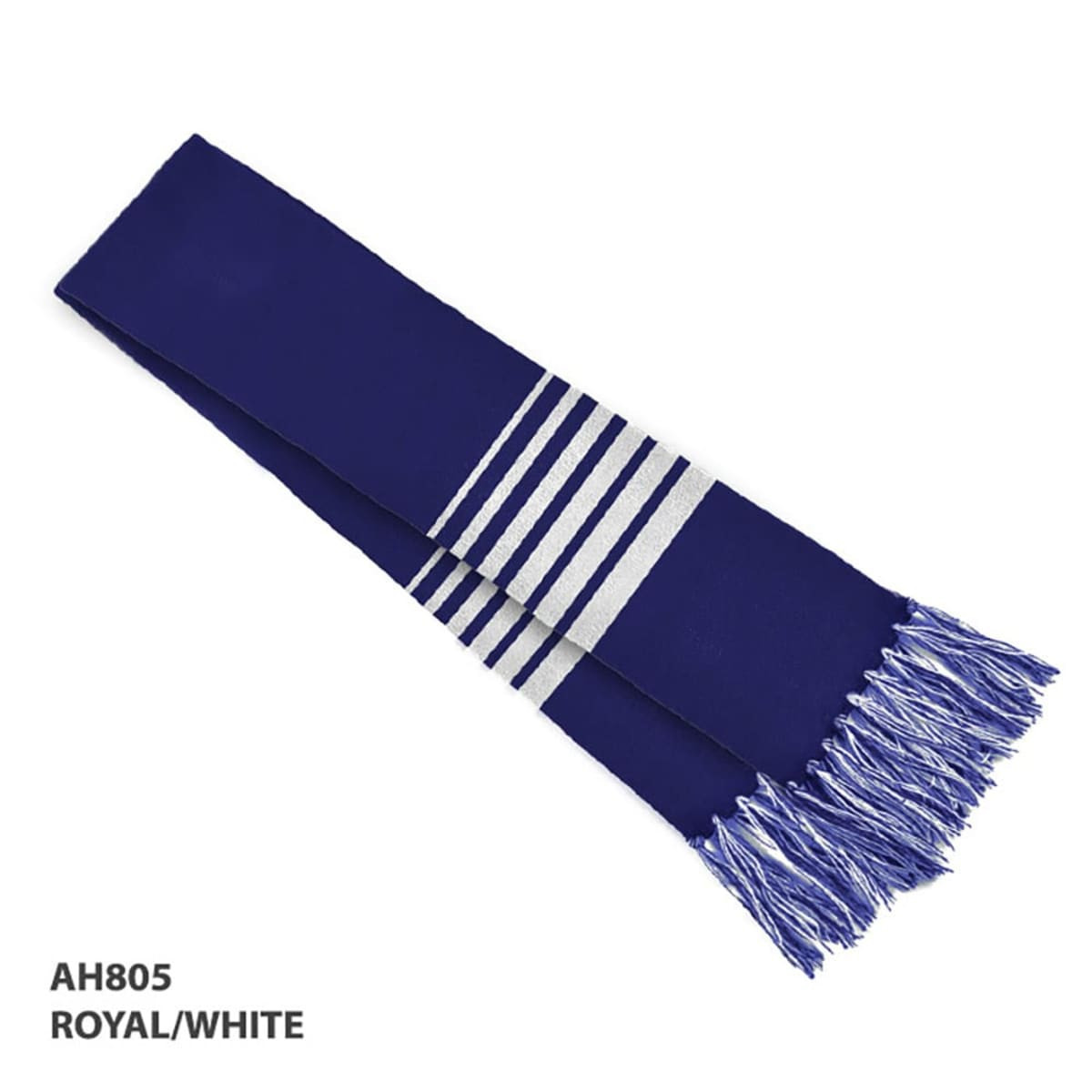 Acrylic scarf in royal blue and white, featuring stripes and fringed ends. Includes a logo.
