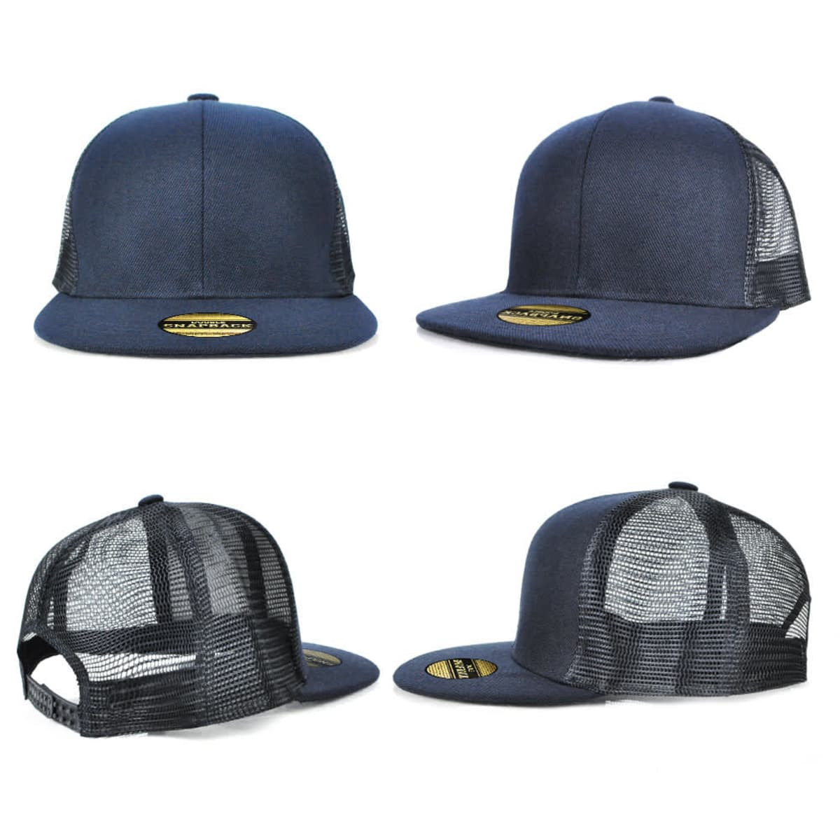 A navy blue adult snapback cap featuring a solid front and mesh back, with a branding logo present.