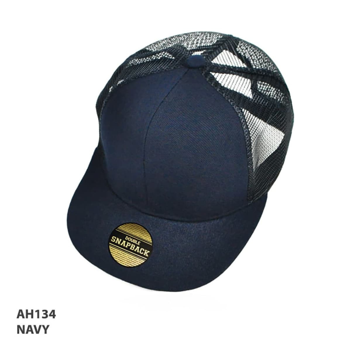 A navy adult snapback cap with a mesh back and a circular logo on the front.