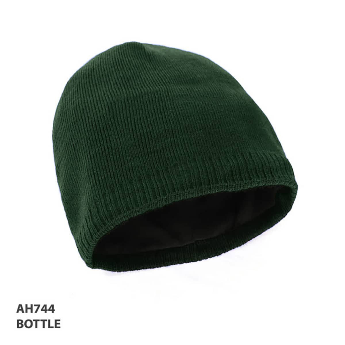 A green acrylic beanie with an inner lining, featuring a logo on the side.