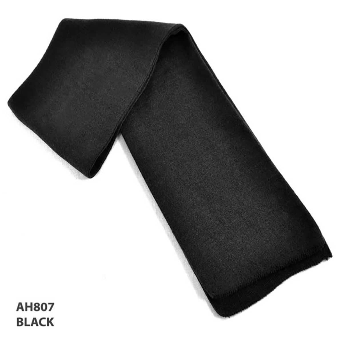 Acrylic scarf in solid black, featuring a sleek, smooth texture and finished edges. Includes a logo.