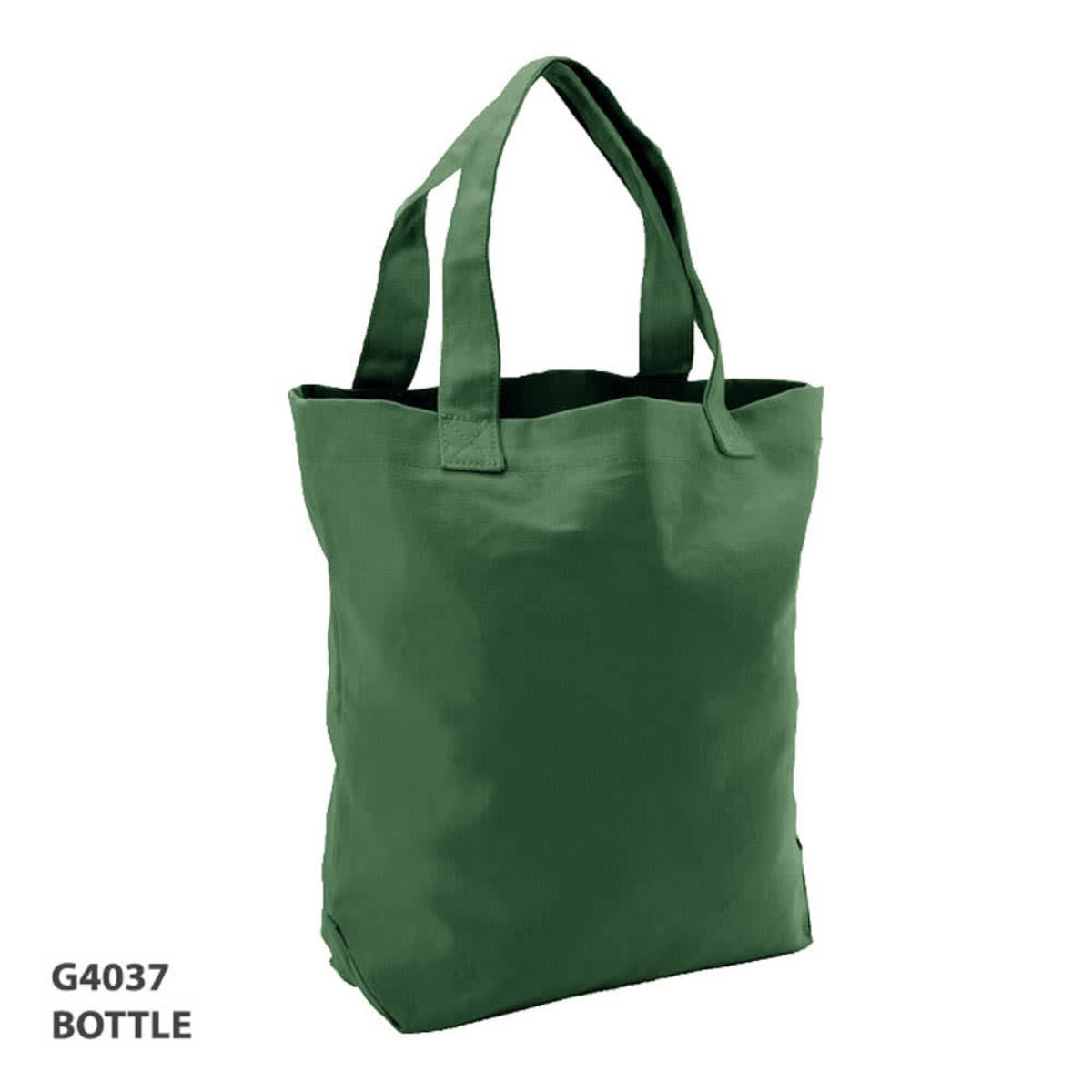 A green tote bag with two handles and a sturdy design. It features a logo on one side.
