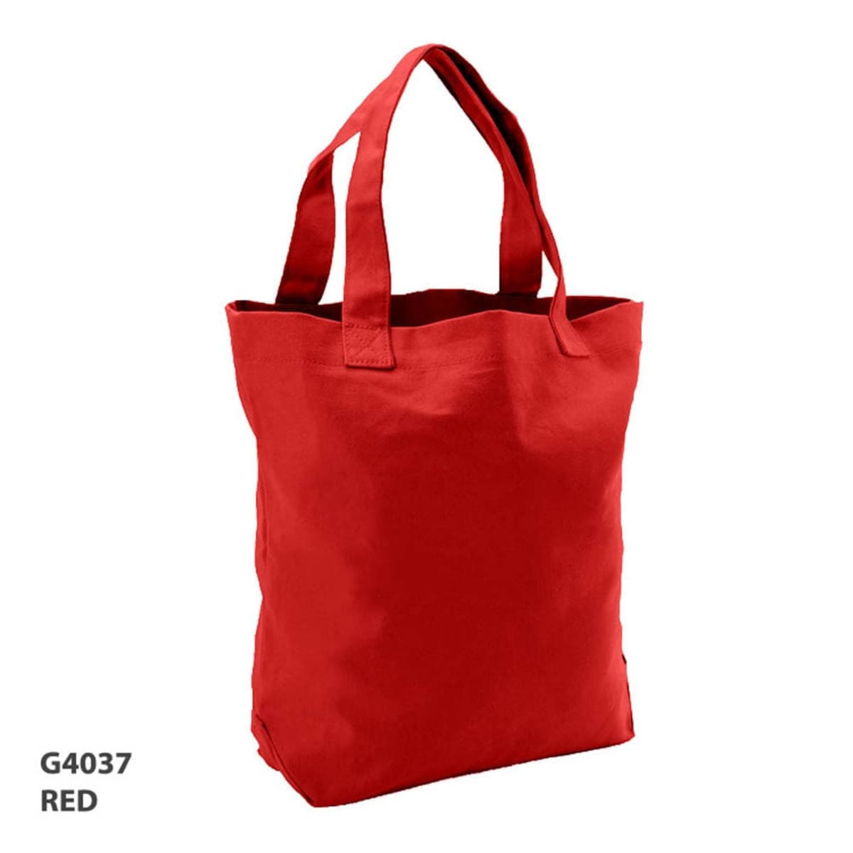 A red tote bag with two handles and a logo displayed on the side.
