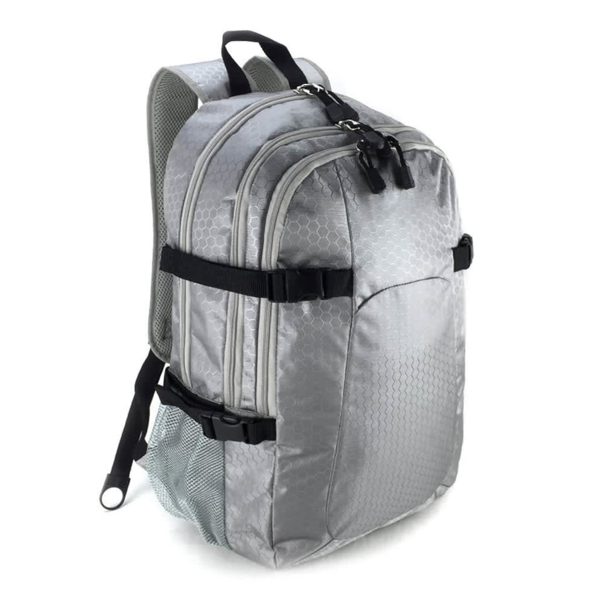 A grey backpack with a hexagonal pattern, featuring adjustable straps and a mesh side pocket. It has a logo.