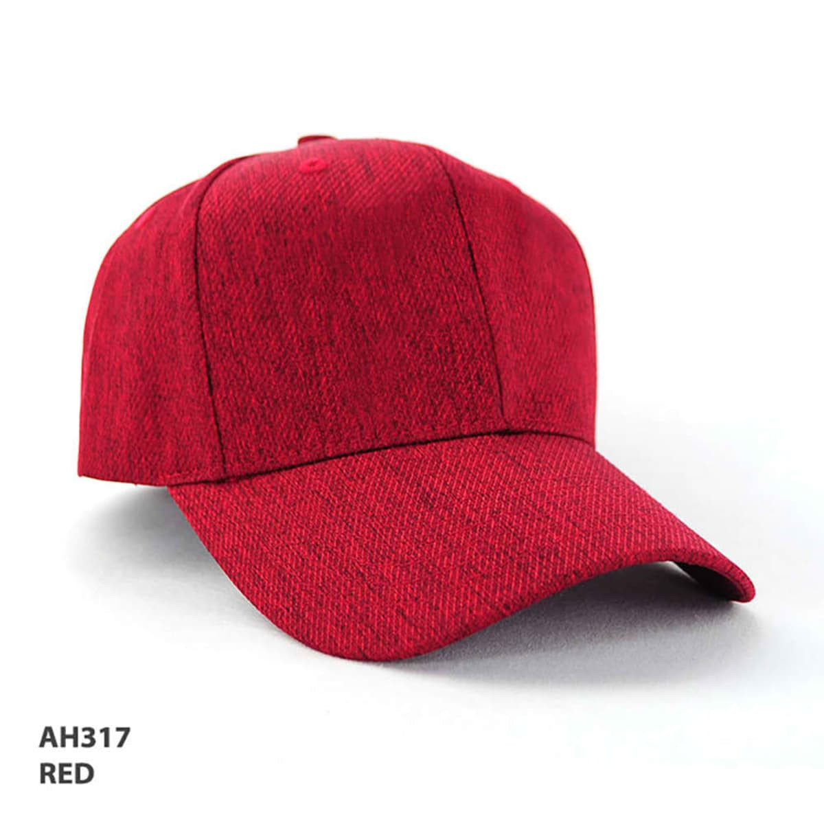 A red cap with a textured fabric and a curved brim, featuring a logo on the front.