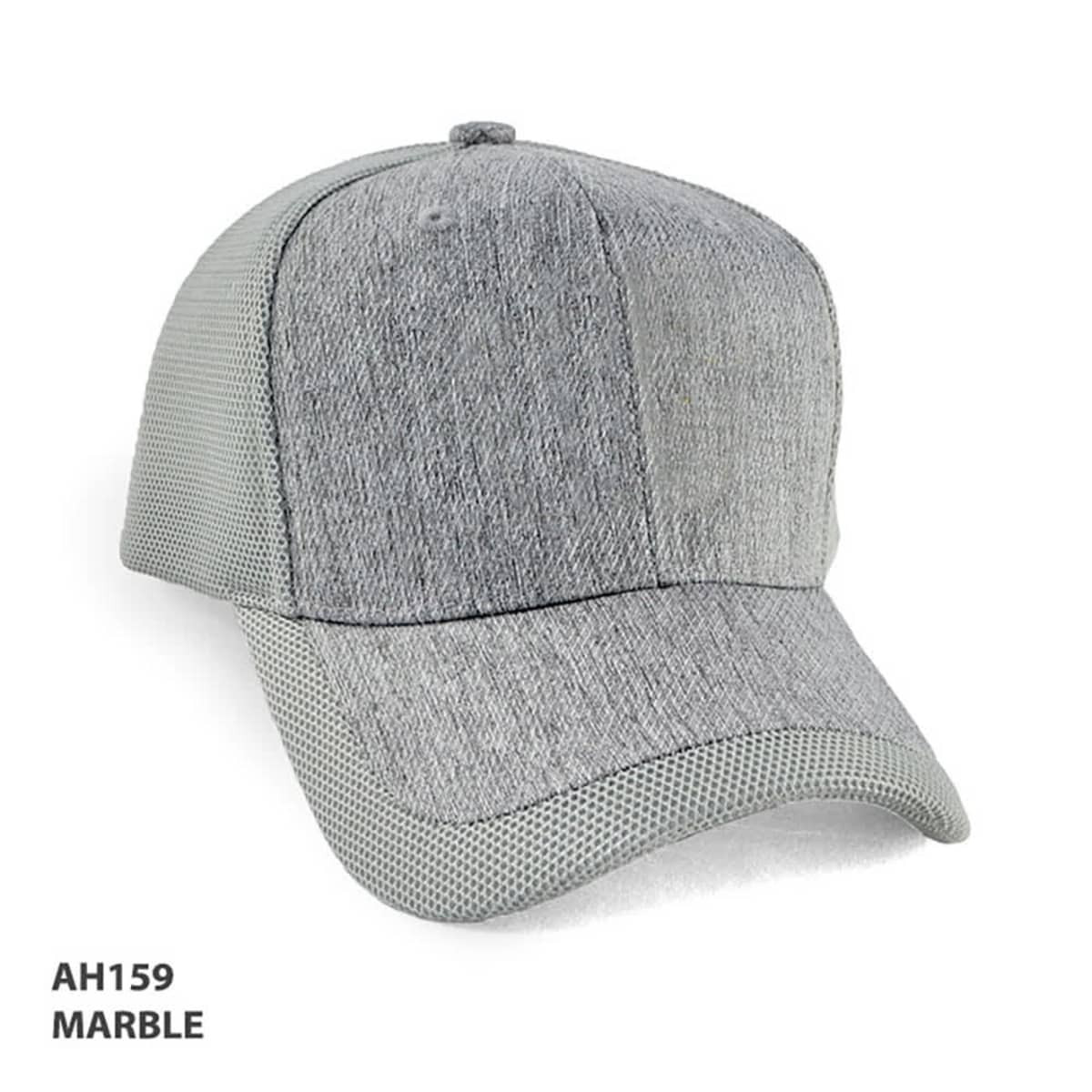 A grey cap with a textured fabric and mesh panel, featuring a logo on the front.