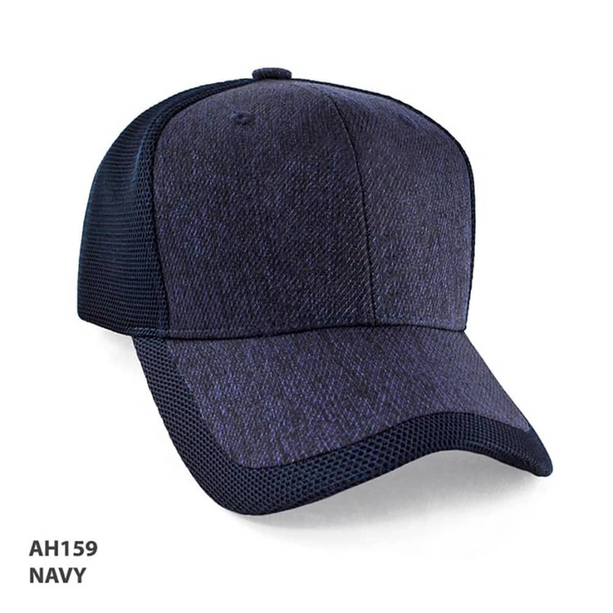 A navy cap with a structured design and mesh panels, featuring a logo on the front.