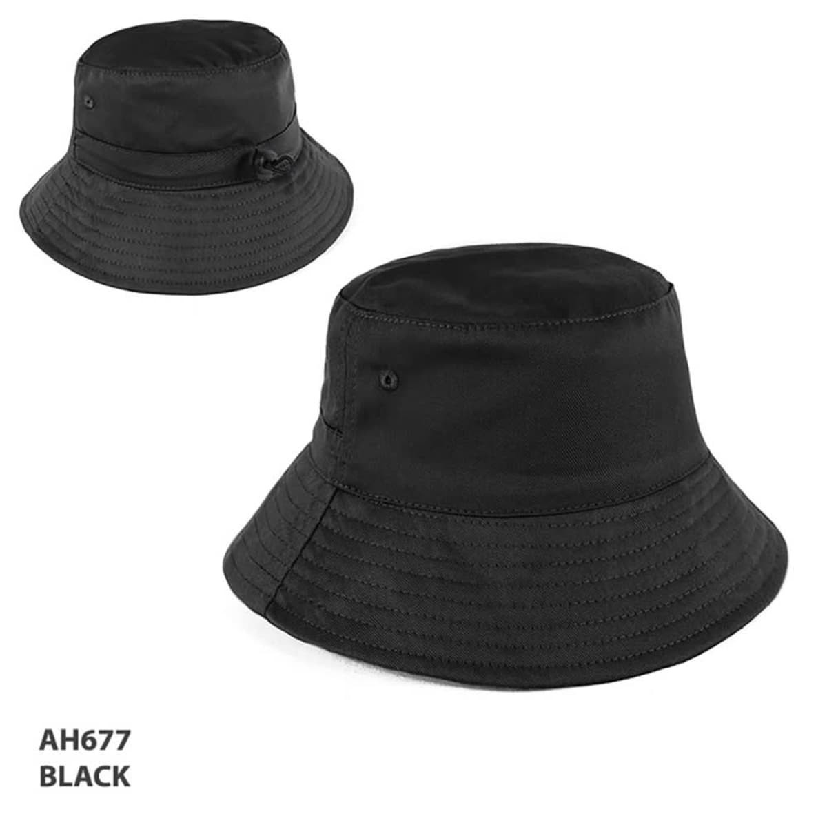 A black bucket hat featuring a wide brim and adjustable strap. Includes a logo on the side.
