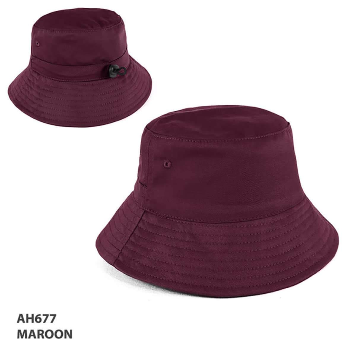 A maroon bucket hat with a button detail and a branding logo. Ideal for various headwear needs.