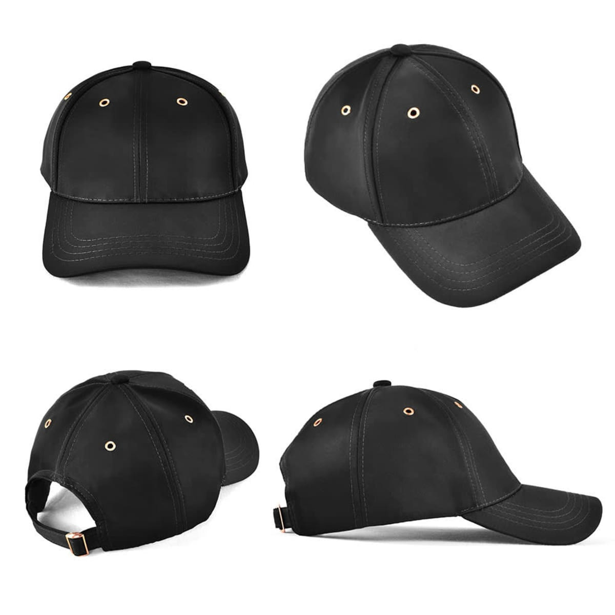 A black cap featuring multiple ventilation eyelets, adjustable strap, and a sleek design. Includes a logo on the front.