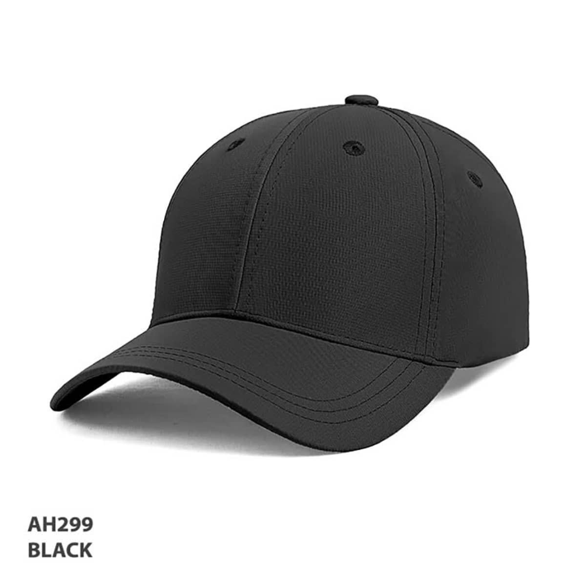 A black cap made from ripstop material, featuring a rounded crown and a curved peak, with an attached logo.