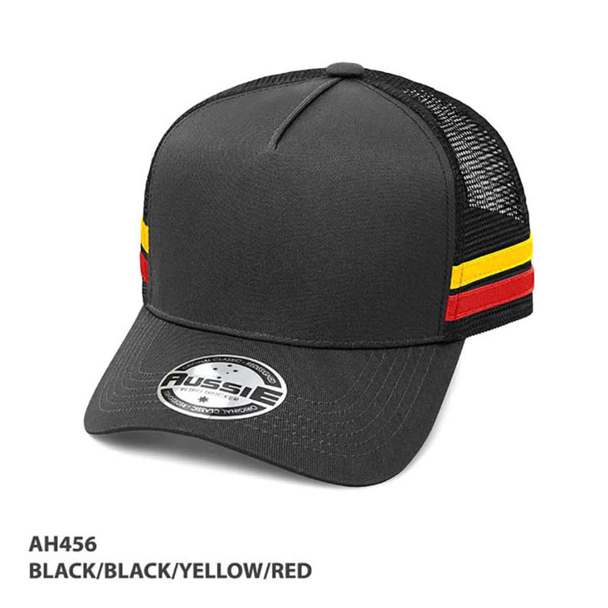 A black trucker cap featuring yellow and red stripes, with a mesh back and a logo on the front.