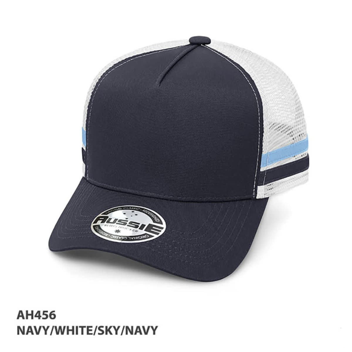 A navy and white striped trucker cap with a blue accent and a logo on the front.