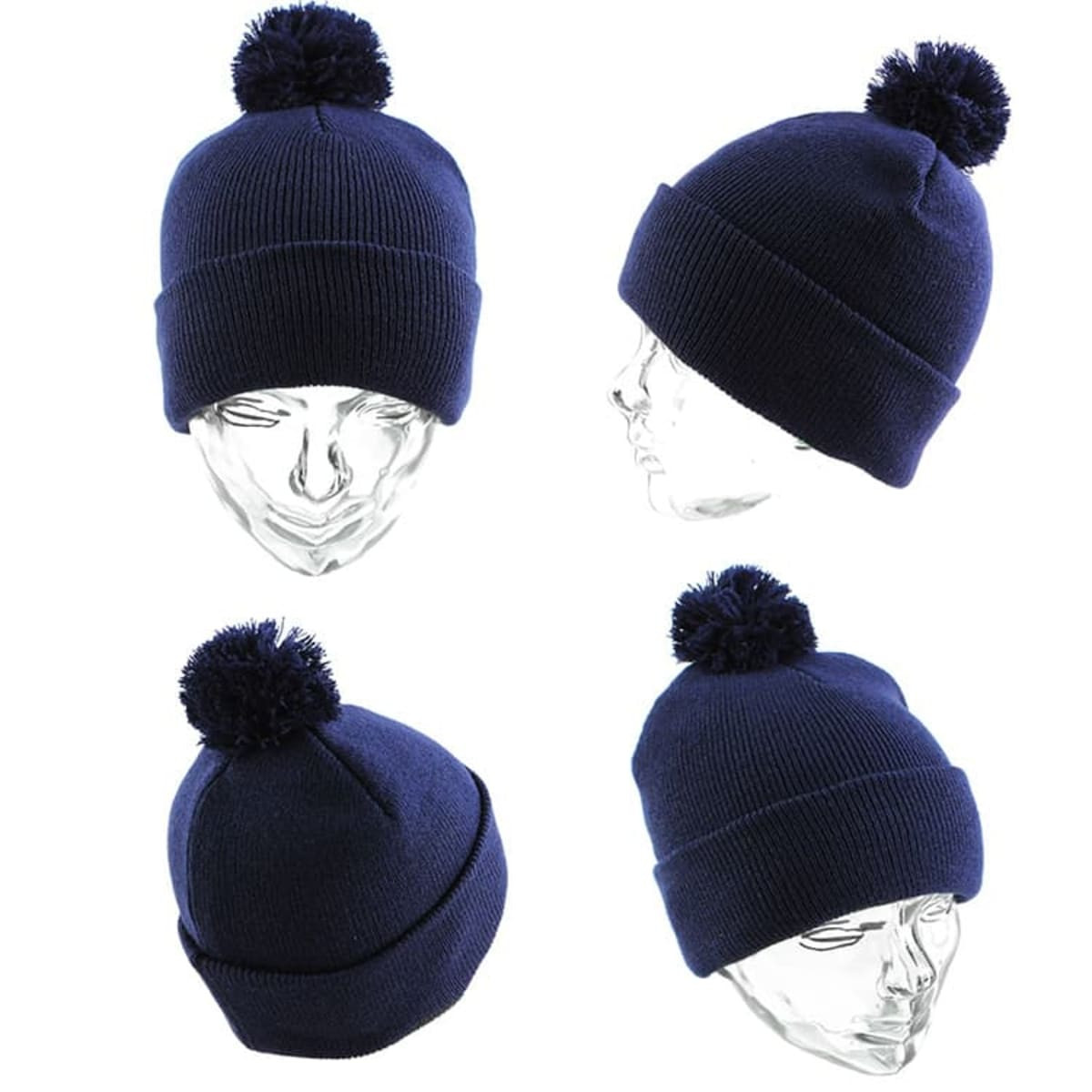 A navy blue beanie with a pom-pom, displayed from multiple angles on a transparent mannequin head.