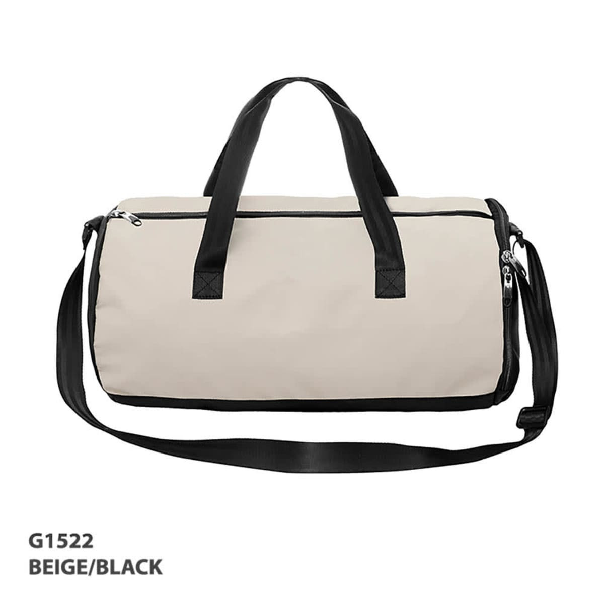 A beige and black duffle bag with dual handles and a shoulder strap, featuring a zip closure and branding.